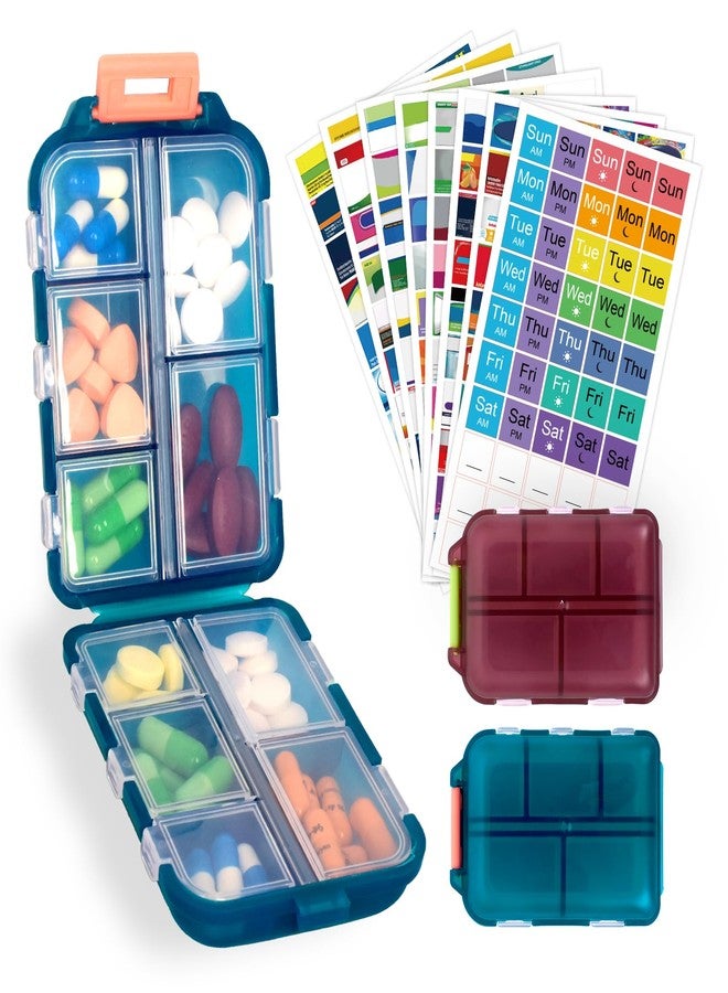 Cualfec 2 Pack Pill Organizer Travel Case - 10 Compartments Portable Medicine Container with 330 Labels, Double Lock Design (Blue & Chocolate, 2 Boxes) - Image 1